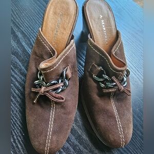 A. Marinelli Brown Suede Mules with Chain Detail Women's Sz 8M